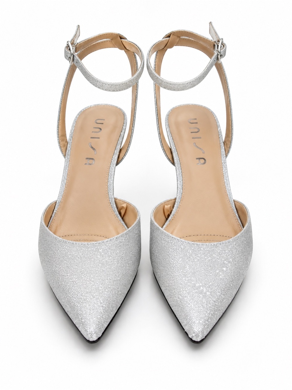 Unisa Silver Pointed Toe Ankle-Strap kitten Heels